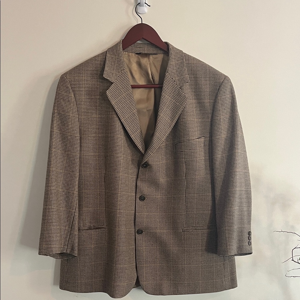Vintage Brooks Brothers Houndstooth Suit Jacket‎ Wool Tan Brown Sports Coat 48R